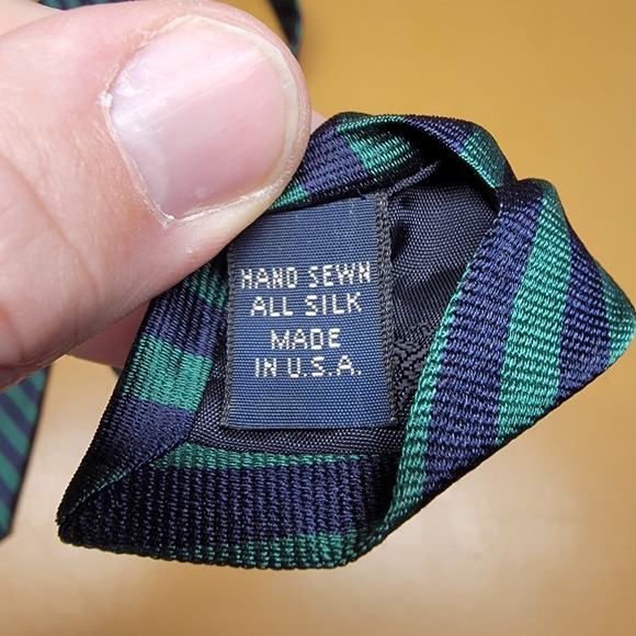 Brooks Brothers Silk Tie Green Navy Striped Hand Sewn Made in USA - Picture 3 of 4